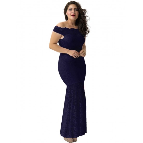 Plus Size Dark Blue Lace Elegant Party Gown