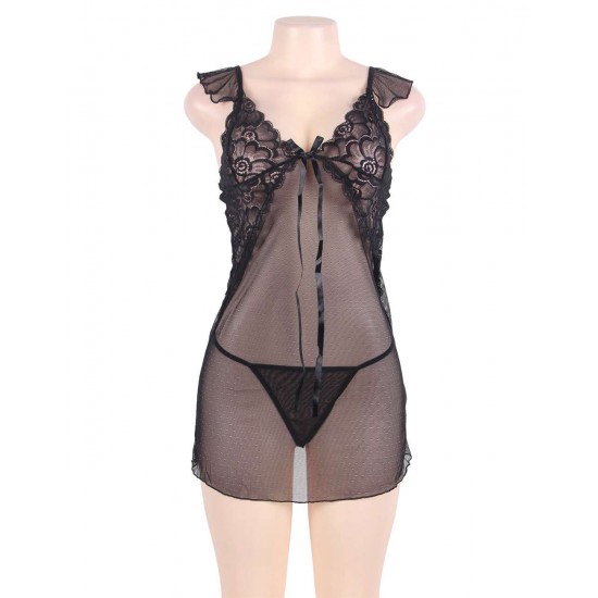 Black Mesh Lace Babydoll With G string