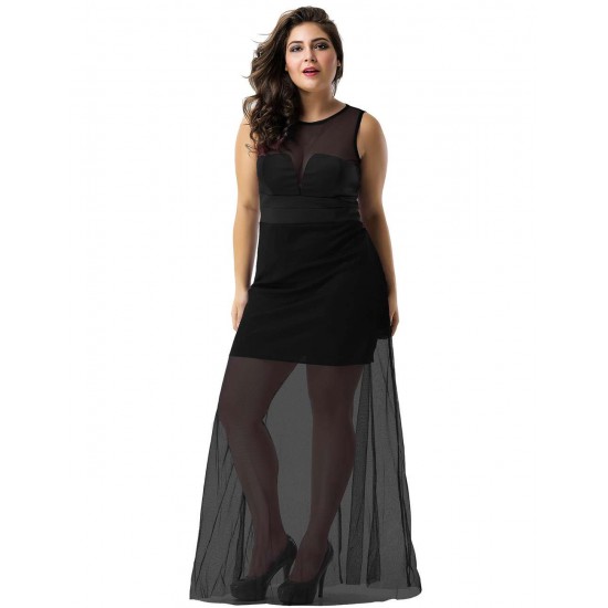 Plus Size Black Sleeveless Short Dress with Floor Length Sheer Overlay