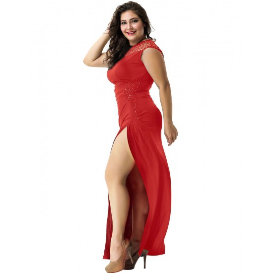 Plus Size Elegant Red Side Lace Detail Ruched Dress