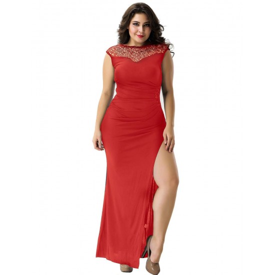 Plus Size Elegant Red Side Lace Detail Ruched Dress