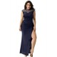 Plus Size Elegant Purplish Blue Side Lace Detail Maxi Dress