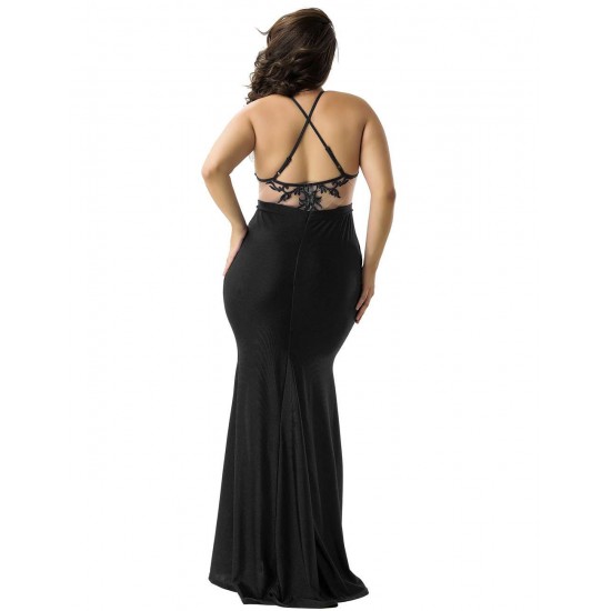 Plus Size Black Embroidery Halter Evening Gown