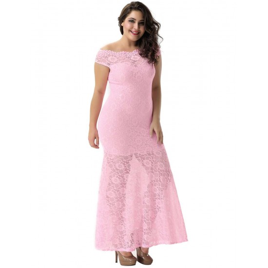 Plus Size Pink Lace Elegant Party Gown