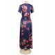 Short Sleeve Pocket Design Navy Blue Floral Maxi Dress