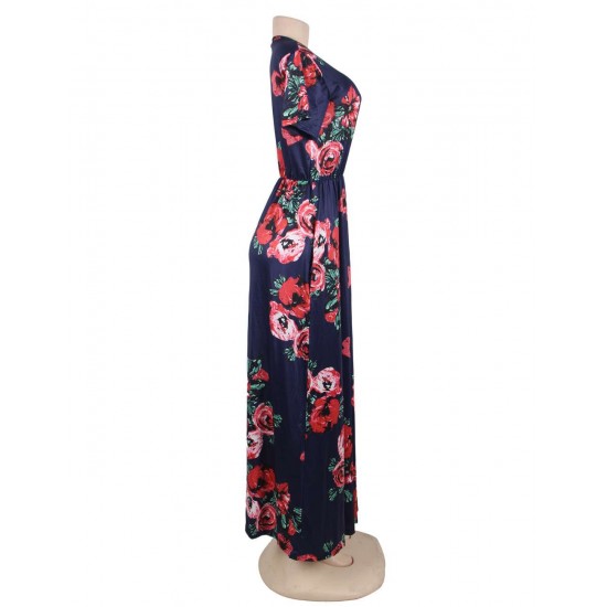 Short Sleeve Pocket Design Navy Blue Floral Maxi Dress