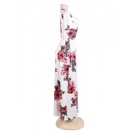 Short Sleeve Pocket Design White Floral Maxi Dress