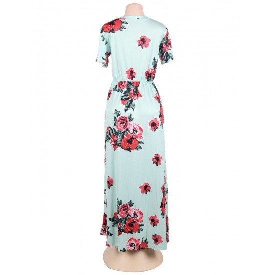 Mint Pocket Design Short Sleeve Floral Maxi Dress