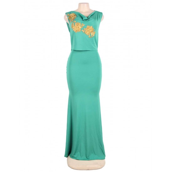 Green Elegant Embroidery Backless Sleeveless Party Gown