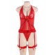 Plus Size Red Sheer Mesh Halter Babydoll Lingerie Set