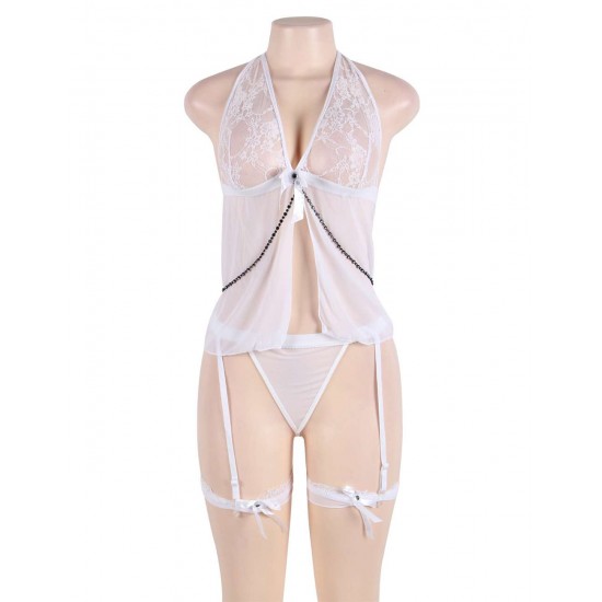 Plus Size White Sheer Mesh Babydoll Lingerie Set