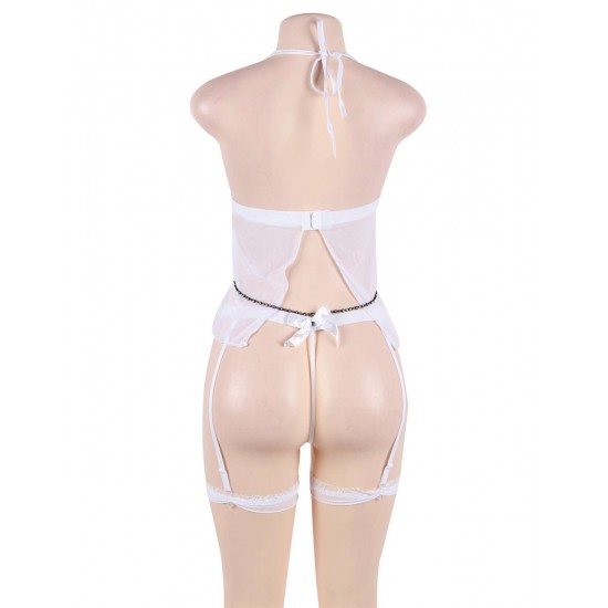 White Sheer Mesh Babydoll Lingerie Garter Set