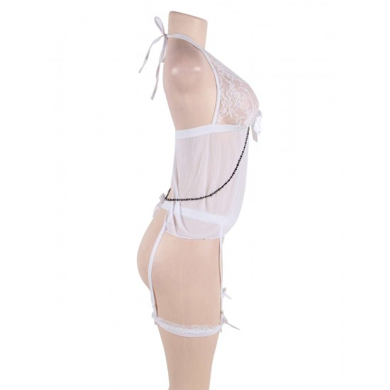 White Sheer Mesh Babydoll Lingerie Garter Set