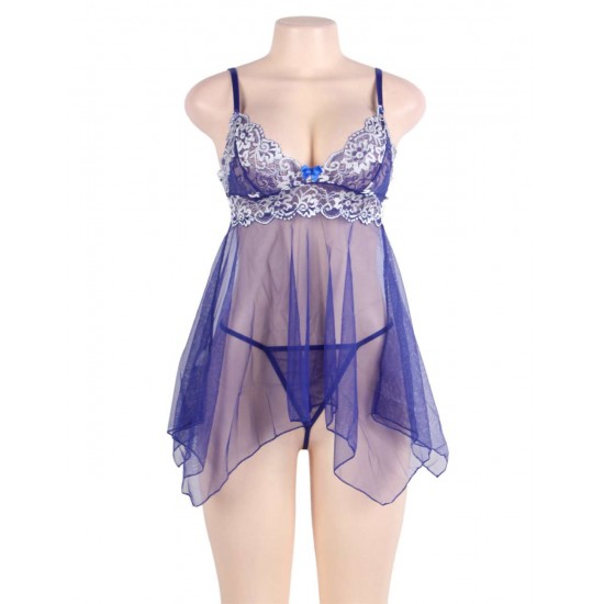 Blue Sheer Mesh Babydoll Lingerie With G String 