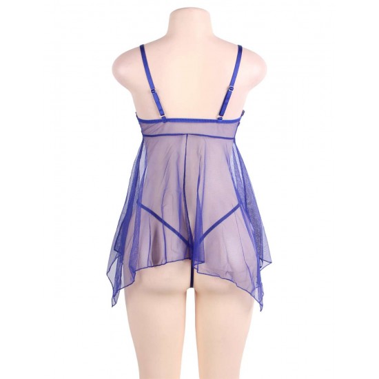 Blue Sheer Mesh Babydoll Lingerie With G String 