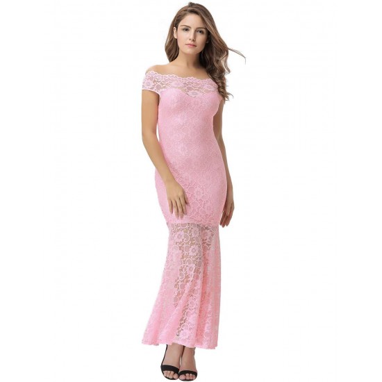 Pink Lace Elegant Fishtail Maxi Party Gown