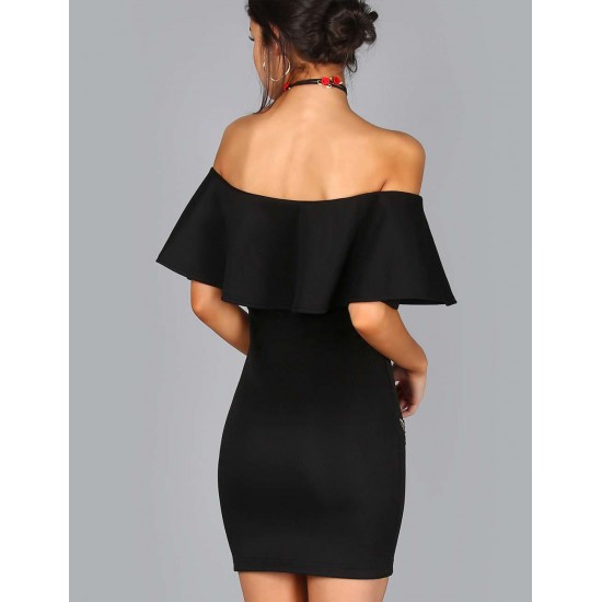 Black Ruffle Off-Shoulder Embroidery Bodycon Dress