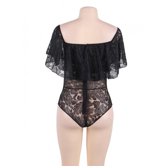 Plus Size Black Lace Ruffle Off-The-Shoulder Teddy