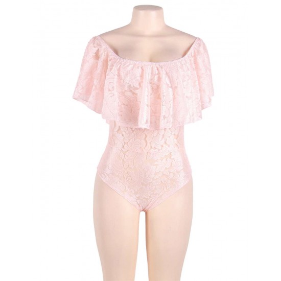 Dreamy Pink Lace Ruffle Off Shoulder Teddy