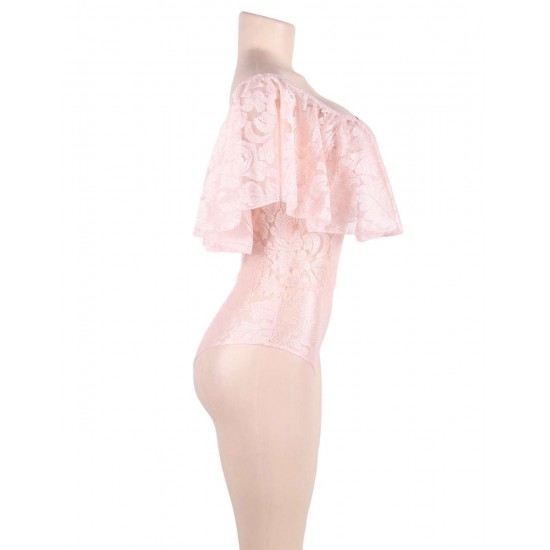 Dreamy Pink Lace Ruffle Off Shoulder Teddy