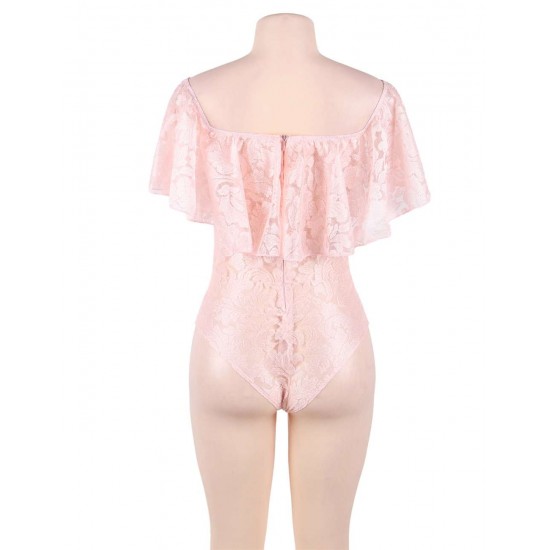 Plus Size Pink Lace Ruffle Off-The-Shoulder Teddy