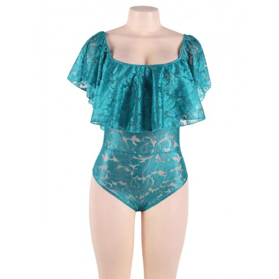 Dark Green Lace Ruffle Off-The-Shoulder Teddy