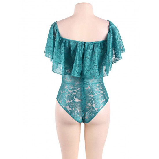 Plus Size Dark Green Lace Ruffle Off-The-Shoulder Teddy