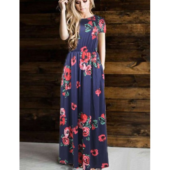 Short Sleeve Pocket Design Navy Blue Floral Maxi Dress