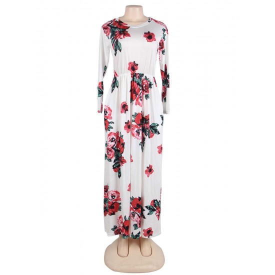 Plus Size Pocket Design Long Sleeve White Floral Maxi Dress