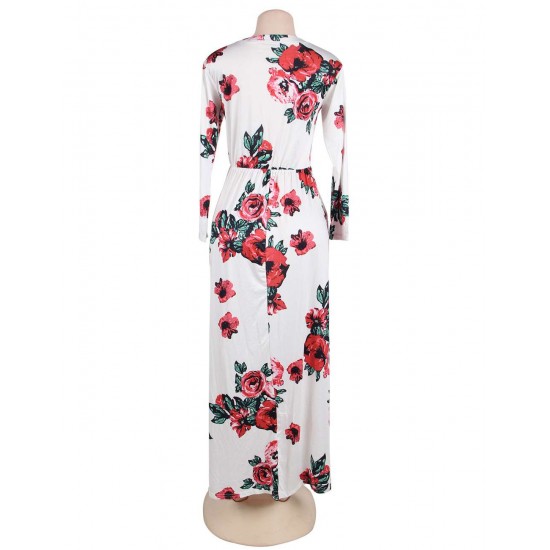 Plus Size Pocket Design Long Sleeve White Floral Maxi Dress