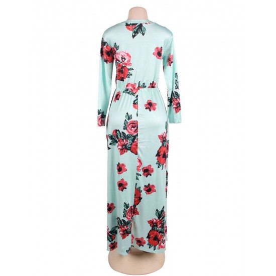 Plus Size Pocket Design Long Sleeve Green Floral Maxi Dress