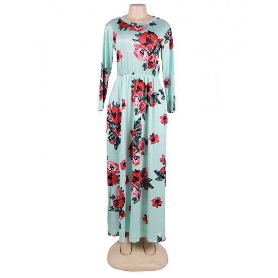 Pocket Design Green Long Sleeve Floral Maxi Dress