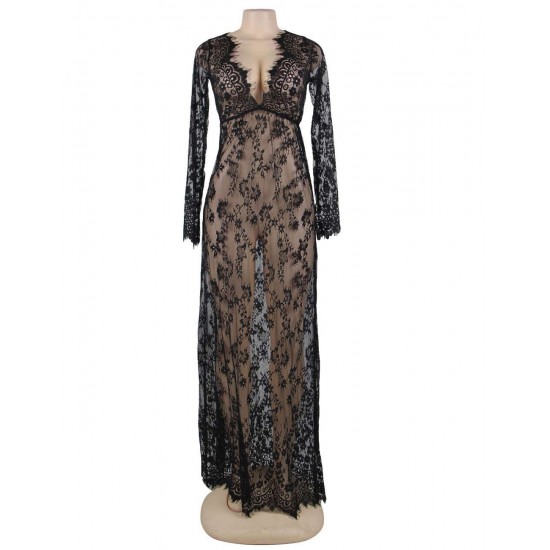 Black Delicate Lace Long Sleepwear Gown