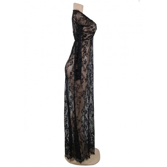 Plus Size Black Delicate Lace Long Sleepwear Gown