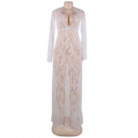 White Long Sleeve Lace Sleepwear Gown