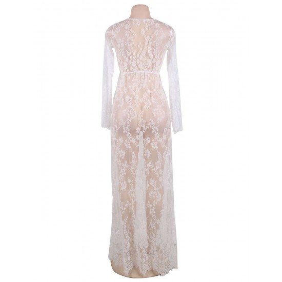 White Long Sleeve Lace Sleepwear Gown