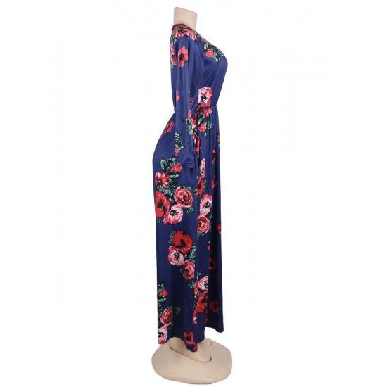 Pocket Design Long Sleeve Dark Blue Floral Maxi Dress