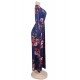 Plus Size Pocket Design Long Sleeve Dark Blue Floral Maxi Dress