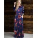 Plus Size Pocket Design Long Sleeve Dark Blue Floral Maxi Dress