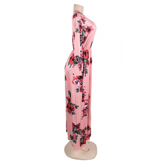 Plus Size Pocket Design Long Sleeve Pink Floral Maxi Dress