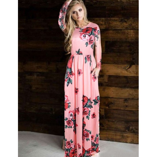 Pocket Design Pink Floral Long Sleeve Maxi Dress