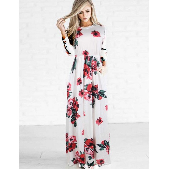 Plus Size Pocket Design Long Sleeve White Floral Maxi Dress