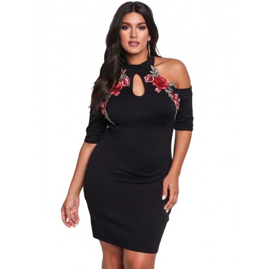 Plus Size Rose Embroidery Black Mini Dress