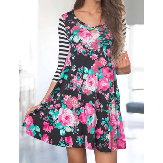 Plus Size Black Floral Print Stripe Raglan Sleeve Dress