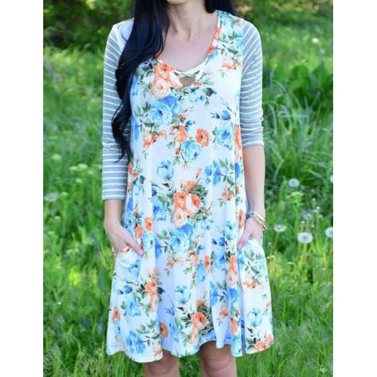 Blue Floral Print Stripe Raglan Sleeve Dress