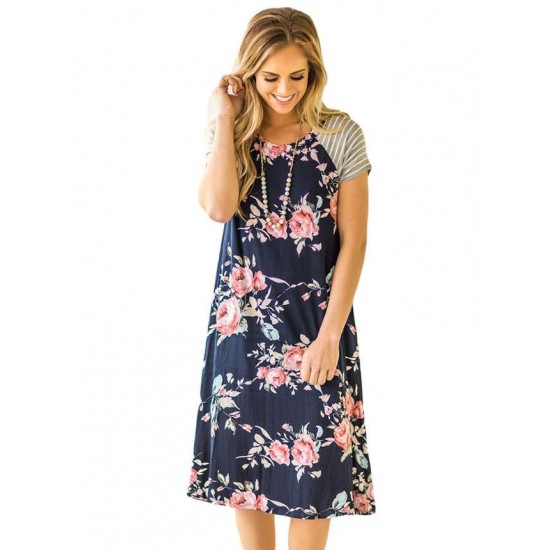 Floral Print Navy Blue Backdrop A-line Loose T-shirt Dress