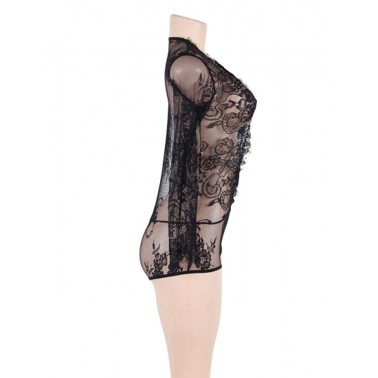 Plus Size Black Exquisite Lace Sleeve Teddy