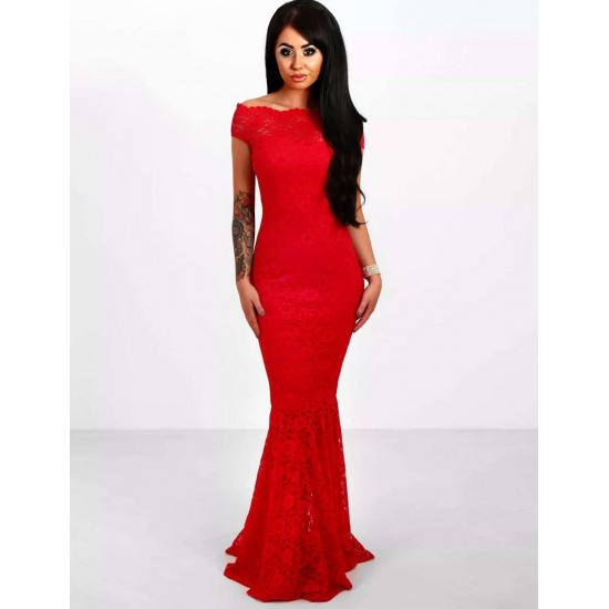 Red Lace Elegant Fishtail Maxi Party Gown