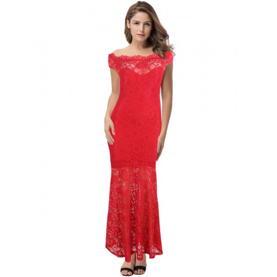 Red Lace Elegant Fishtail Maxi Party Gown