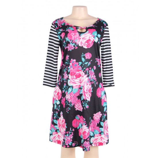 Stripe Raglan Sleeve Black Floral Print Dress